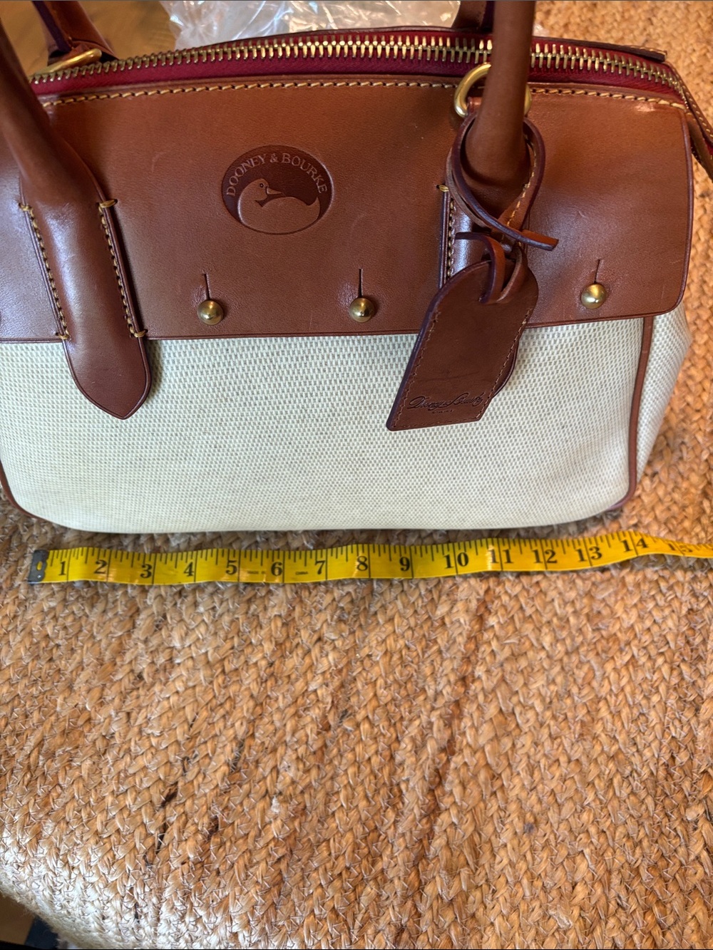 Dooney & Bourke Brown Leather & Cream Canvas Satchel with Adjustable Strap - Picture 10 of 11